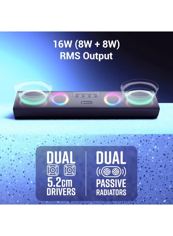 ZEBRONICS Astra 35, Portable Bluetooth Speaker, 16 Watts, Upto 8h Backup, Dual Drivers + Dual Passive Radiators, Call Function, Bluetooth v5.3 | USB | mSD| AUX, TWS, RGB LED - Image 4